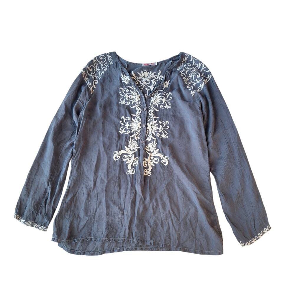 Johnny Was Embroidered Half Button Up Blouse Gray Small